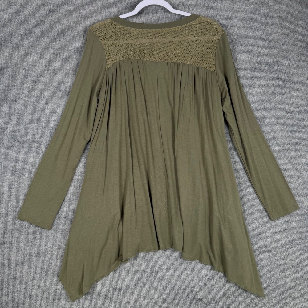 Suzanne Betro Size-L Tunic Top Olive Green Lace Trim Sharkbite Long Sleeve - Picture 2 of 10